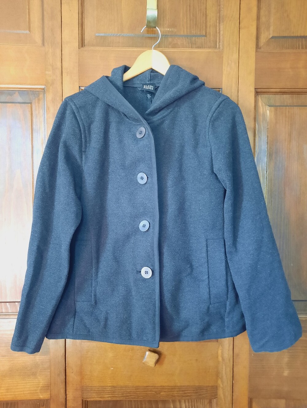 Eileen Fisher Wool Blend Charcoal Gray Lightweight Hooded Peacoat Jacket Size XS